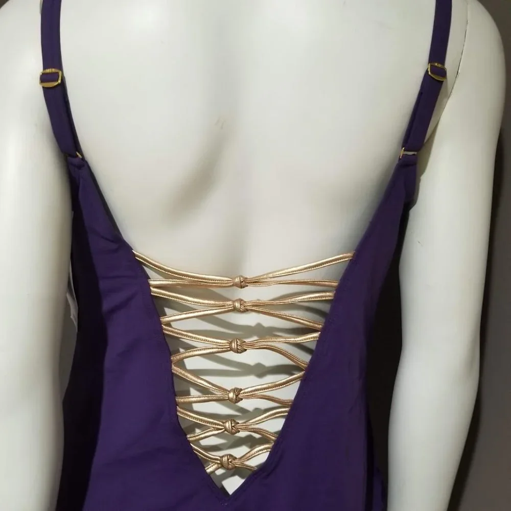 Bleu by Rod Beattie Kore One Piece High Neck Lace Down Swimsuit Purple Size 16W - Picture 6 of 13